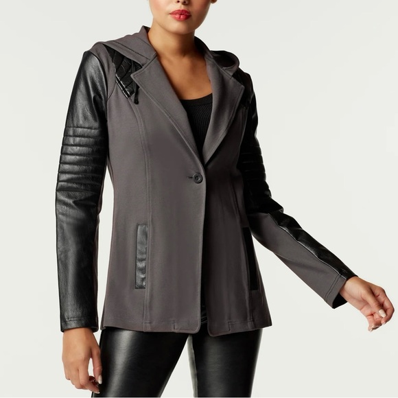 blanc noir Jackets & Blazers - BLANC NOIR Hooded Single-Button Moto Jacket